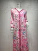 Vestidos casuales Vestido maxi floral rosa para mujeres Cinta étnica V Cuello Dubai Turquía Árabe Omán Marroquí Caftan Ropa musulmana 2023