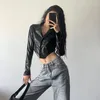 Women's Polos European American Women Street Cool Style Black Irregular Short Leather Jacket Design Sense Niche High Waist All-match