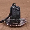 Hänge halsband kinesiska handgjorda naturliga svarta obsidian snidade guangong lycklig välsignelse amulet hängsmycken pärlor halsband fina smycken