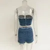 المسارات النسائية Xllais Denim Blue 2023 Style Shorts 2 قطعة مجموعات النساء مثيرات Sexy Seveless ضمادة TANK TOPS عالية الخصر MINI