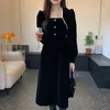 Casual Dresses Women 2023 Korean Fashion Elegant Retro Square Collar Three Button Lace Crochet Stitching Design Waist Long Velvet Dress