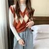 Women's Sweaters Woman Pullover Women's Loose Spring And Autumn Rhombus V-neck Vest Knitted Top Cardigan