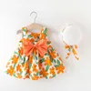 Flickklänningar 2st Bow Baby Girls Dress Summer Flower Fashion Sling Kid's Clothes Born Kids Skicka hatt