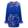 Casual Dresses 2023 Fashionable Feather Decorative Pleated Long Sleeve Back Zipper Fleece Women's Mini Dress Vestidos