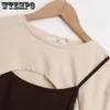 Kvinnor S T -shirt Långärmad t -skjorta Fake Two Piece Suspeners Spring and Autumn Short Design Tops 230104