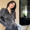 Women's Blouses Korean Fashion Retro Women Bright Silk Slim Shirt Cardigan Sexy V-Neck Long Sleeve Button Shirts Tops Ladies Nightclub 2023