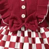 Sukienki dla dziewczynek jesień dziecięcy sukienka dla niemowląt moda na okrągła szyję węzeł czerwony kontrola nadruk niemowlę A-line