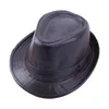 Basker män vintage pu läder fedoras hatt lätt gentleman casual topp bonnet cosplay cap vinter höst jazz dagligen slitage