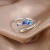 Cluster Rings Fashion Enamel Branch Epoxy Silver Plated Jewelry Ancient Style Art Burning Blue Flowers Opening R309