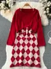 Dwuczęściowa sukienka Singreiny Women Autumn Plaid Knittee garnitury długie rękaw Nieregularny górny górny zimowy sweter Zestawy 230104