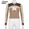 Koszulka damska Pixiekiki Star Colorblock Zipper Long Sleeve Top Street Style Y2K Ubrania dla kobiet swobodne grafiki Khaki P67-DZ20 T230104