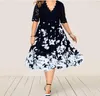 Grande taille robes imprimé fleuri robe 2023 été bleu dentelle Patchwork élégant pour fête Club femmes à manches courtes décontracté Midi