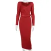 Abiti casual Estate Donna Lungo Elegante Party Scollo a V Abito rosso Manica sottile Matita a metà polpaccio Office Lady Solid Puff