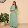 Ethnic Clothing 2023 Autumn Muslim Women Long Sleeve V-neck Green White Abaya Dress