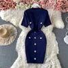 2023 New Design Women's V-neck Short Sleeve High Waist Knitted Buttons Patched Pencil Short Dress