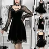 Vestidos casuais vestido gótico feminino cor de renda sólida costura em vaca longa de gola longa sexy para mulheres pretas s/m/l