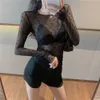 Women's T-Shirt Transparent Mesh T Shirts Women Sexy Moon Flocking T-Shirts Women See Through Mesh Pullover Femme Tops Sexy Slim Bottoming Shirt T230104