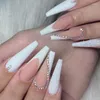 False Nails 24Pcs Long Square With Glue French Rhinestone Design Fake Nail Wearable Acrylic Press On Full Cover Tips