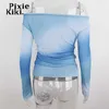 Women's T-Shirt PixieKiki Sexy Fashion Blue Tie Dye Printed Mesh T Shirts Off Shoulder Long Sleeve Tops Winter Y2k Aesthetic Clothes P33-BE10 T230104