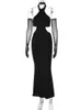 Casual Dresses Hugcitar Solid Halter Hollow Out Detachable Mesh Sleeves Skinny Maxi Prom Dress 2022 Slim Elegant Outfit Y2K Clothes Beachwear 0104