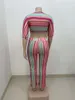 Women's Two Piece Pants Sexy Plus Size Set Striped Printing 2 Girls V Neck Long Sleeve Top And Wide Leg Pant Suit