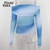 Women's T-Shirt PixieKiki Sexy Fashion Blue Tie Dye Printed Mesh T Shirts Off Shoulder Long Sleeve Tops Winter Y2k Aesthetic Clothes P33-BE10 T230104