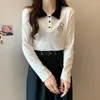 女性用の女性用ポロスポロシャツ長袖ターンダウンカラーティーコントラストカラー刺繍綿Tシャツホワイトピンクアプリコット韓国