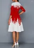 Casual Dresses Women Dress 2023 Elegant Christmas Print Year Evening Party O-Neck Red Chic Fasion High Waist A-Line