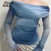 Women's T-Shirt PixieKiki Sexy Fashion Blue Tie Dye Printed Mesh T Shirts Off Shoulder Long Sleeve Tops Winter Y2k Aesthetic Clothes P33-BE10 T230104