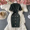 2023 New Design Women's V-neck Short Sleeve High Waist Knitted Buttons Patched Pencil Short Dress