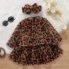 Clothing Sets Autumn Winter Toddler Girls Letter Leopard Print Fur Patchwork Long Sleeve Dress Jacket Tops Headband Baby's 230105