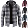 Męskie swetry 2023 z kapturem, w szkocką kratę, z nadrukiem, długi sweter z rękawami, jesienno-zimowy, pluszowy, duży swobodny kardigan