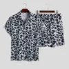 Men's Tracksuits Men Define leopard estampa de leopardo de manga curta respirável camisas havaianas praia shorts de rua de rua 2 pcs s-3xl