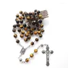 Pendentif Colliers Vintage Brown Tigger Eyes Stone Rosaire Collier Croix en métal Long Religieux