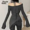 Women's T-Shirt PixieKiki Fashion Y2k Tops Irregular Halter Off Shoulder Long Sleeve Top Grey 2 Piece Set Womens T Shirts Street Clothes P94CH22 T230104