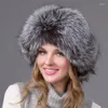 Berets Real Fur Sats для женщин 2023 Роскошные женские зимние бомбардировщики с ушами Россия Кэпс