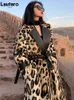 Femmes en cuir Faux Lautaro hiver Long imprimé léopard chaud moelleux fourrure Trench manteau pour femmes manches Double boutonnage mode européenne 230105