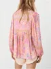 Blouzen voor dames gelukkig Queens Fashion Women Pink Floral Gedrukte stropdas Boheemse shirt Dames lange mouw rayon boho shirts blusas tops