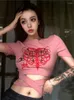 Kvinnors T -skjortor Kosahiki Y2k Sull Print Crop Top Pink Shirt Estetic Contrast Kort ärm Bandage Tee Women Punk Söt Harajuku Graphic