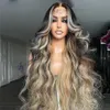 Ombre loira peruca cabelo humano onda de onda de renda de renda frontal para mulher 360 Lace Full Frontal Wig Synthetic pré -explodido