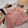 Gonne 2023 Vita alta pieghettato Kawaii Tweed per le donne Eleganti bottoni vintage con diamanti Scuola Lolita Mini gonna rosa Y2K