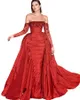 Vestidos de noche de princesa de la sirena de lujo rojo con tren desmontable fuera del hombro Gillter Gillter 3d Floral Arabic Prom Vestido