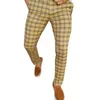 Pantalon pour hommes à plaid décontracté imprimé skinny crayon zipper pantalon de taille élastique vestiment