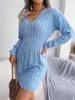 Casual Dresses 2023 Spring Autumn Wrap Hip Pullover Kvinnor Stickad klänning V-ringning Långärmad kvinnlig ullvestidos