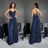 Runway Dresses Navy Blue Satin Celebrity Dress Jumpsuits Lace Applique V Neck Wedding Formal Ceremony Banquet Evening Prom Party Pants Suit