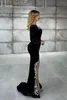 Festklänningar Sexig svart paljett sammet elegant sjöjungfru promklänning för kvinnor applikationer långa ärmar split fram golvlängd kväll