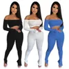 Tute all'ingrosso Donna Completi a due pezzi Autunno Inverno Completi a costine Manica lunga Slash Neck Pullover Crop Top e pantaloni Set coordinati Casual Tute sportive solide