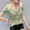 Women's T Shirts Summer Women's T-Shirt Fashion Sexy V-neck Mesh Print Drill Tops Female Camisetas Blusas Clothes