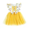 Girl Dresses Little Girls Sweet Style Dress Summer Floral Printing Mesh Splicing Round Collar Sleeve Bow Decoration Princess Gown
