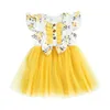 Flickaklänningar Little Girls Sweet Style Dress Summer Floral Printing Mesh Splicing Round Collar Sleeve Bow Decoress Princess Klänning